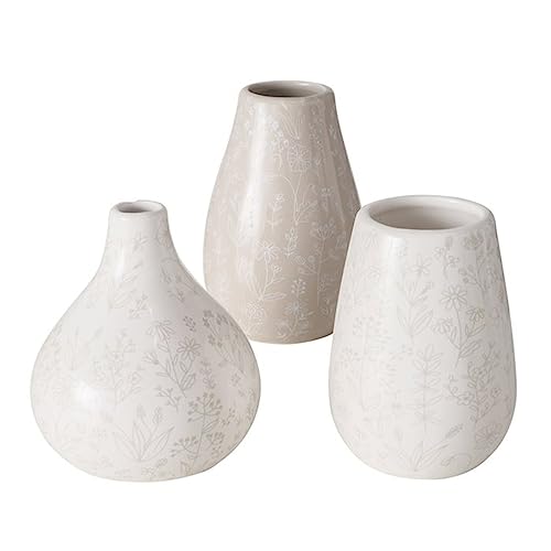 ReWu Deko Vase im 3er Set Florales Design Weiß und Hellbraun aus Keramik Tischdeko Glänzende Oberfläche Höhe 13 cm Ø 10 cm von ReWu