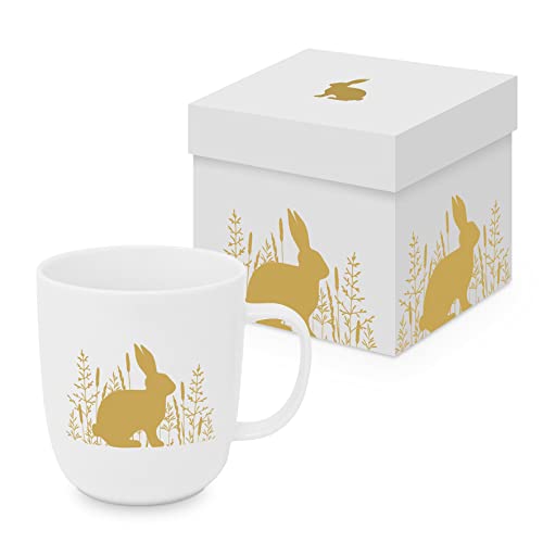 ReWu Kaffeebecher Henkelbecher Becher Ostern Osterbecher mit Hasen Motiv in Geschenk Verpackung Porzellan Geschenkidee Osterdekoration Trinkbecher Weiss/Gold 300ml von ReWu