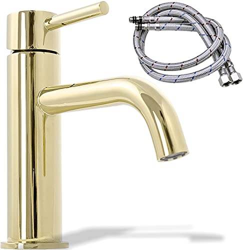 Rea Waschtischarmatur LUNGO L.GOLD LOW Wasserhahn Bad Badarmatur aus Messing Armatur für Waschbecken Badezimmer Mischbatterie Waschbecken Einhebel (Gold Glänzend) von Rea