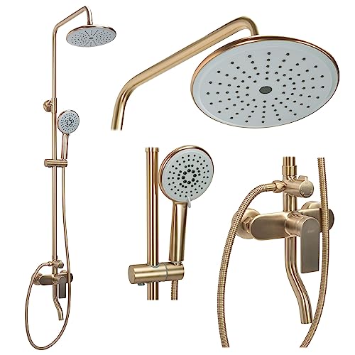 Rea Duschsystem VERSO BRUSHED GOLD Duschset Duscharmatur mit Duschkopf und Kopfbrause aus Messing Duschgarnitur für Badezimmer (Gebürstetes Gold) von Rea