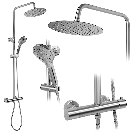 Rea Duschsystem mit Thermostat VINCENT NICKEL BRUSH INOX Duschset Duscharmatur mit Duschkopf und Kopfbrause aus Messing Duschgarnitur für Badezimmer (Gebürstetes Stahl) von Rea