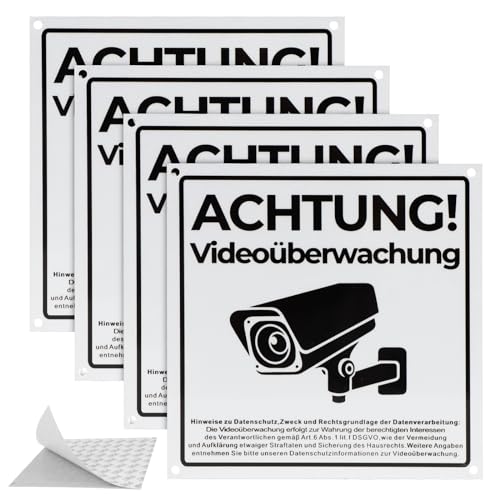 4 Stück Achtung Videoüberwachung Schild, Hinweisschild Videoüberwachung Privatgrundstück mit DSGVO Hinweis, 15 x 15 cm Klein Aluminium Vorsicht Kamera überwachung Schild Selbstklebend, Warnschild von Realjoy