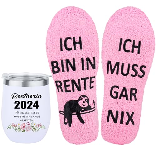 Rebundex Renteneintritt Geschenk Frau Ruhestand Geschenk Abschiedsgeschenk Kollegen Rente Geschenke Rentenbeginn Rentner Geschenk Rentnerin für Frauen 350ml To Go Thermobecher Kuschelsocken von Rebundex