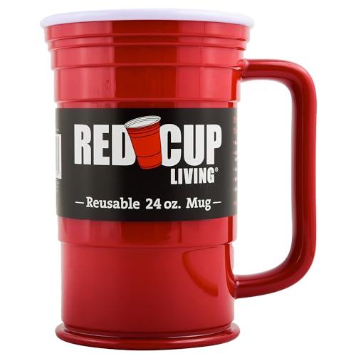 Red Cup Living Wiederverwendbare Plastik-Kaffeetasse und Bierbecher – Große 24 oz rote Plastikbecher mit Griffen – Spülmaschinenfeste Plastik-Kaffeetasse Ideal für Camping, Reisen, Bürobedarf und Cafés von Red Cup Living