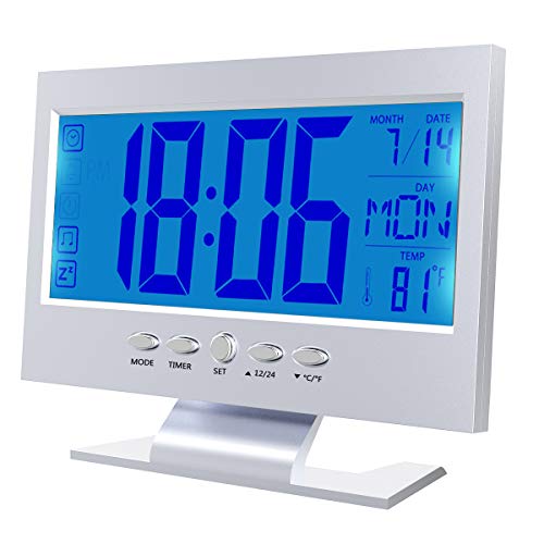 Rehomy Digitaler Wecker, LCD-Digital-Wecker, Schlummer-Kalender, Temperaturanzeige, Sound-aktivierte Uhr (Silber) von Rehomy