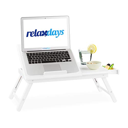 Relaxdays Bambus Laptoptisch, höhenverstellbarer Laptopständer für Bett und Sofa, mit Schublade, HBT: 24x60x35cm, weiß, Größe von Relaxdays
