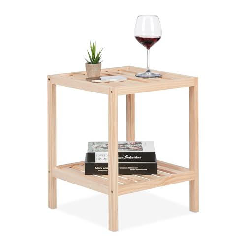 Relaxdays Beistelltisch, Holz, HxBxT: 50 x 40 x 40 cm, Wohnzimmertisch mit 2 Ablagen, quadratischer Ablagetisch, Natur von Relaxdays