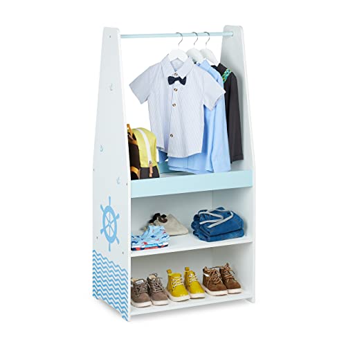 Relaxdays Kleiderständer Kinder, HxBxT: 120 x 60 x 40 cm, Kleiderstange, 3 Fächer, Garderobe Kinderzimmer, blau/weiß von Relaxdays