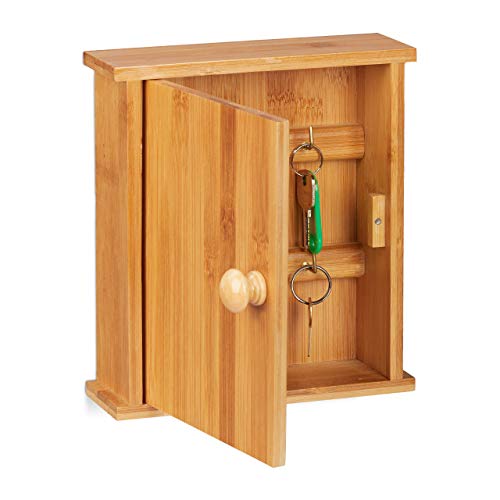 Relaxdays Schlüsselkasten Bambus-Holz, 6 Haken, Magnetverschluss, Schlüsselschrank für die Wand, HBT 20,5x18x6cm, Natur von Relaxdays
