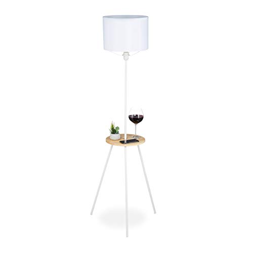 Relaxdays Stehlampe mit Tisch, HBT: 158 x 52 x 52 cm, E27, skandinavisches Design, Holz & Metall, Dreibein Lampe, weiß von Relaxdays