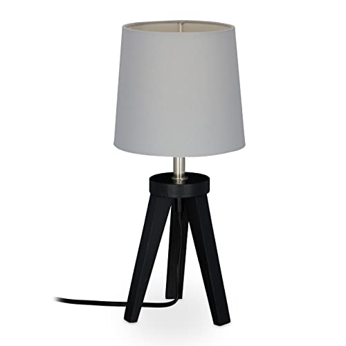 Relaxdays Tischlampe Dreibein, Holz & Stoff, E14, Schirmlampe Wohnzimmer, HxD: 31 x 14 cm, Nachttischlampe, schwarz/grau von Relaxdays