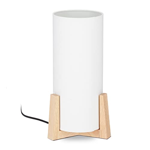 Relaxdays Tischlampe Holzfuß, runder Lampenschirm, modernes Design, E14, Nachttischlampe, HxD: 33 x 15 cm, weiß/natur von Relaxdays