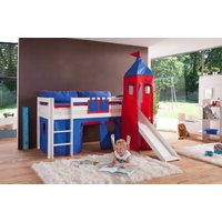 Relita Halbhohes Spielbett ALEX mit Rutsche/Turm Buche massiv weiß lackiert mit Stoffset blau/rot von Relita