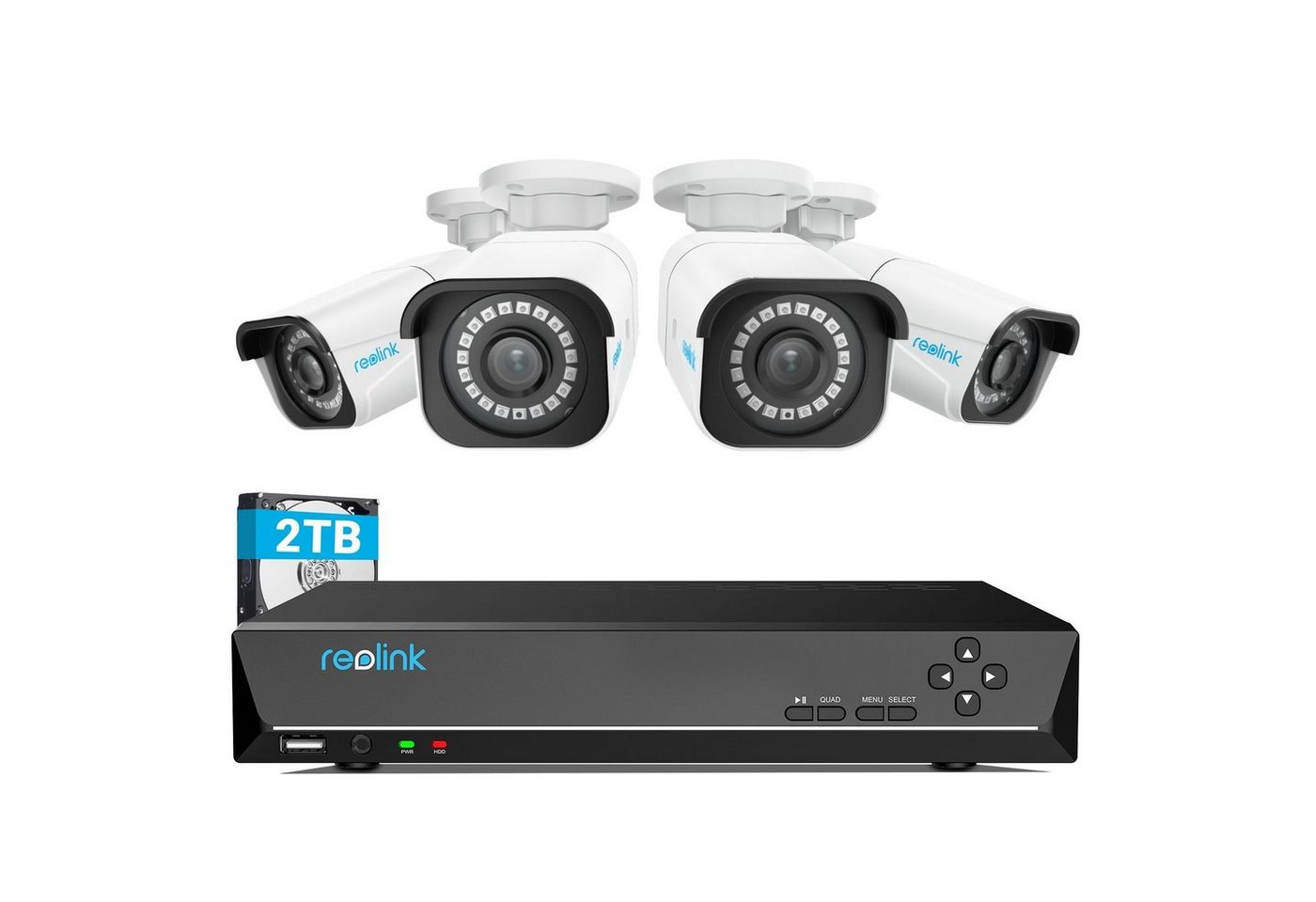 Reolink 4K Überwachungskamera Set RLK8-800B4-A Überwachungskamera (Aussen, 8CH 2TB HDD NVR, 4X PoE IP Kamera, Personener-&Fahrzeugerkennung) von Reolink