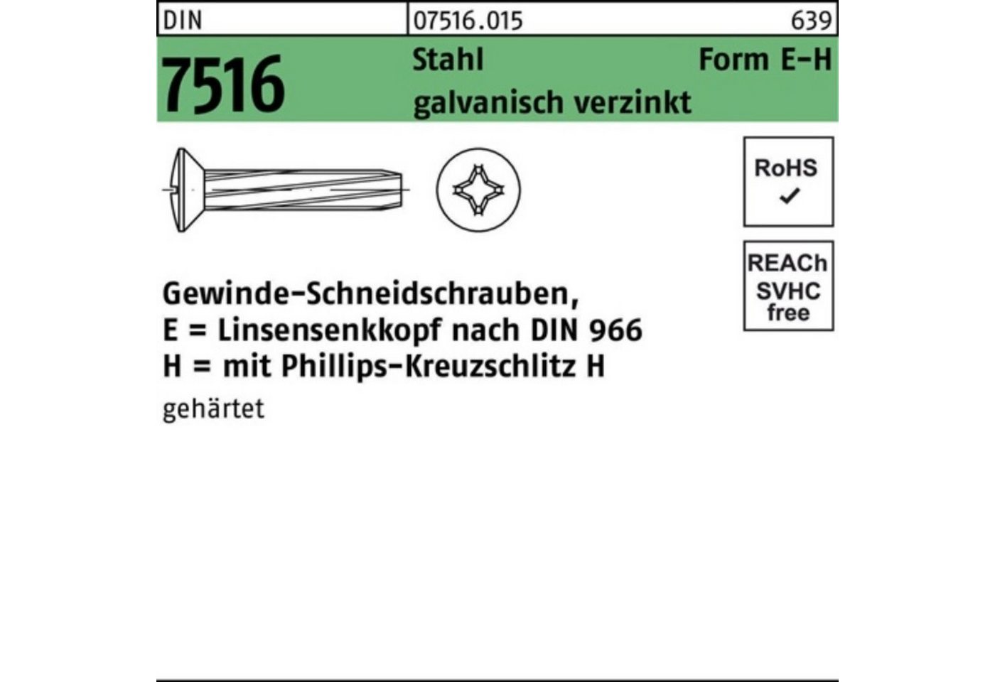 Reyher Gewindeschraube 500er Pack Gewindeschneidschraube DIN 7516 LIKO PH EM 5x20-H Stahl gal von Reyher