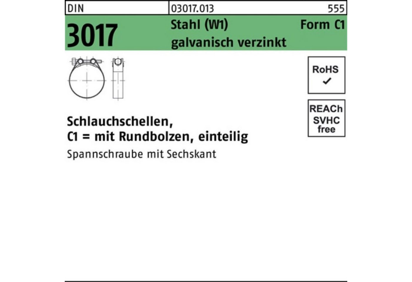 Reyher Schlauchschelle 100er Pack Schlauchschelle DIN 3017 W1 FormC1 47- 51/20 Stahl galv.verz. 50 StückDIN 3017 Stahl (W1) Form C1 galvanisch verzinkt Schlauchschellen · mit Rundbolzen · einteilig - Abmessung: 47- 51/20 VE=S (50 Stück) Weitere technische Eigenschaften: · Typ: C1 · Durchm von Reyher