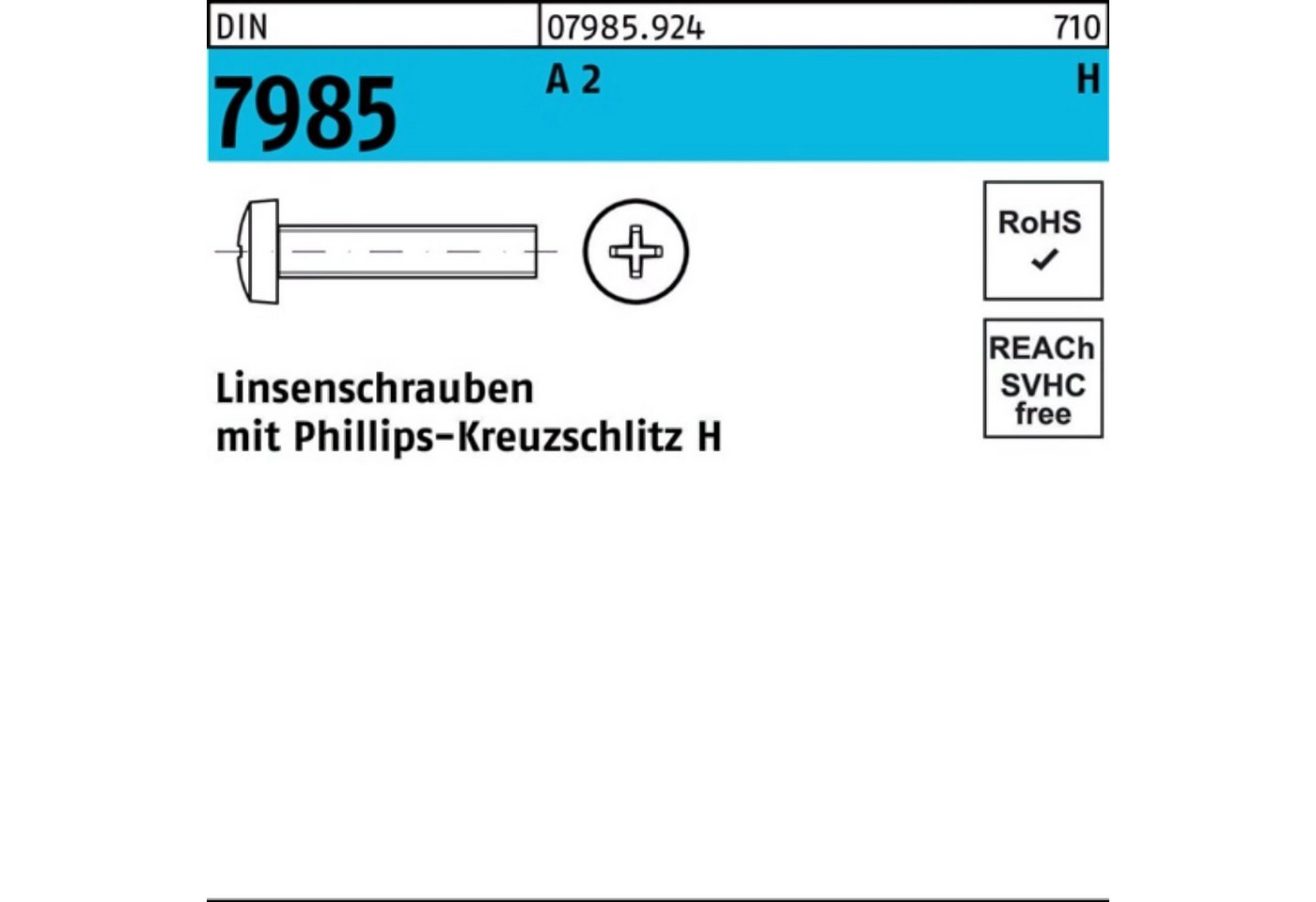 Reyher Schraube 100er Pack Linsenschraube DIN 7985 PH M6x 60-H A 2 100 Stück DIN 7985 von Reyher