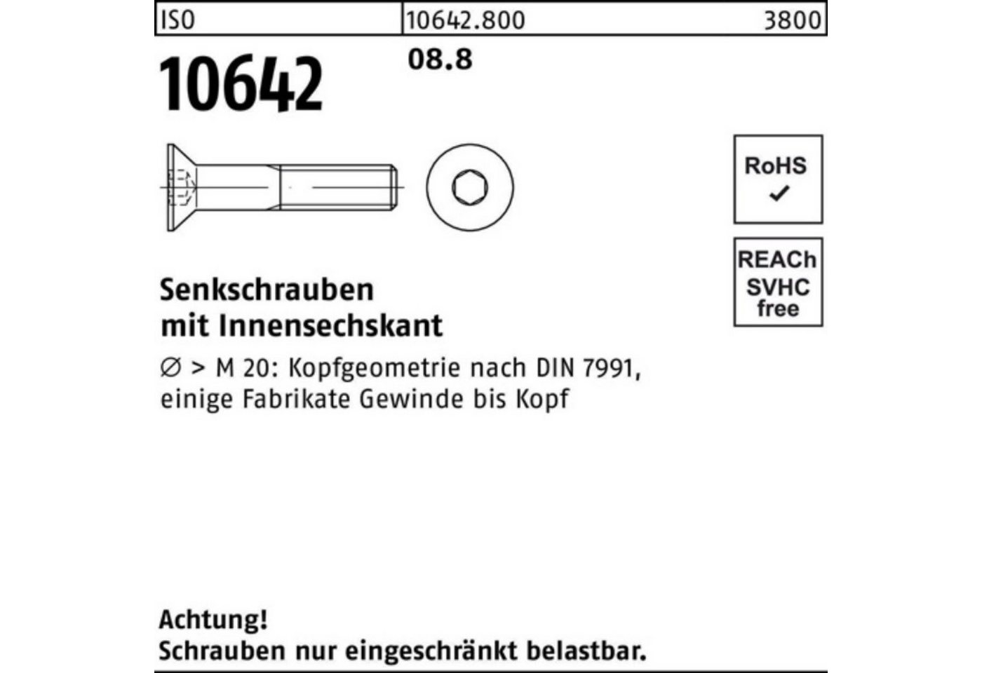 Reyher Senkschraube 100er Pack Senkschraube ISO 10642 Innen-6kt M16x 120 8.8 25 Stück ISO von Reyher
