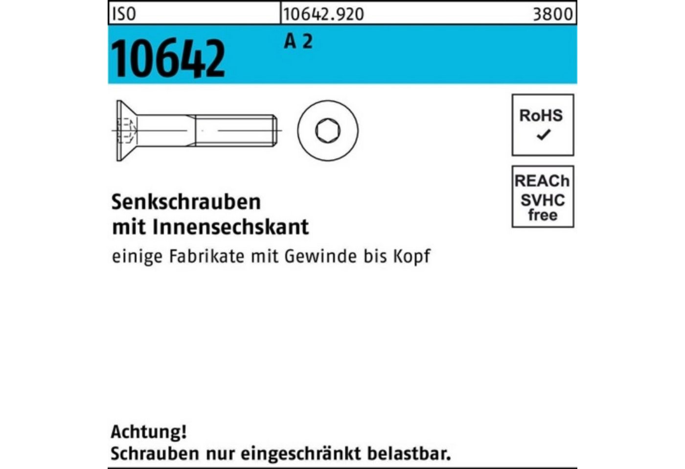 Reyher Senkschraube 100er Pack Senkschraube ISO 10642 Innen-6kt M3x 16 A 2 100 Stück ISO von Reyher