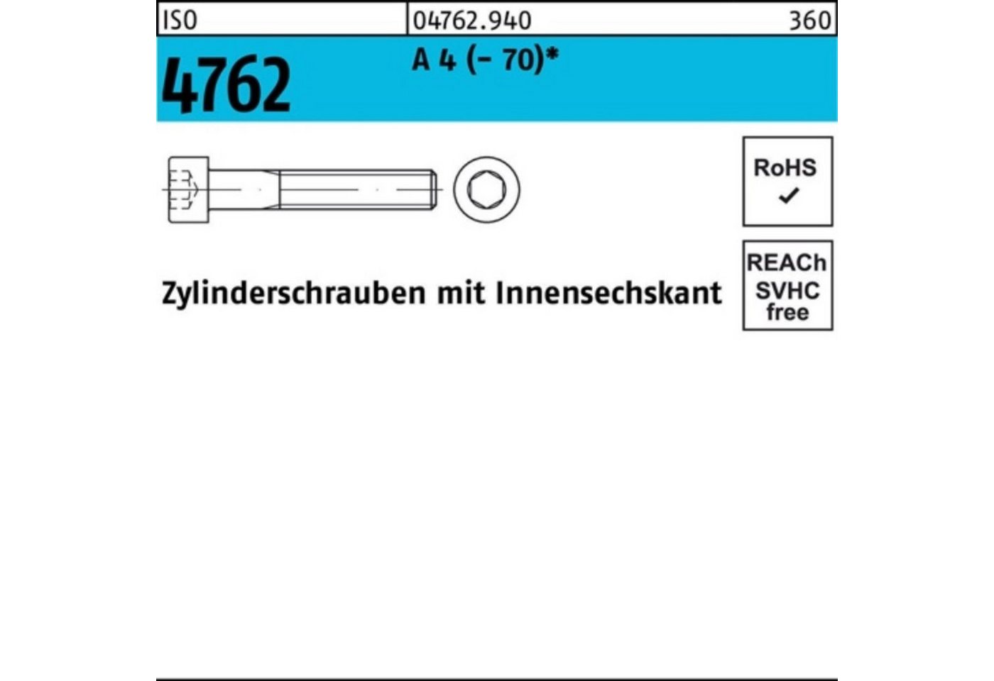 Reyher Zylinderschraube 100er Pack Zylinderschraube ISO 4762 Innen-6kt M20x 200 A 4 1 Stück I von Reyher