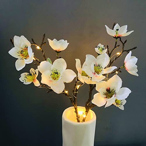 Künstliche Magnolien-Blumen-Dekoration, Blumenstrauß, 48,3 cm, langer Stiel mit LED-Lichterkette für Zuhause, Tischdekoration, Bürovase (weiße Magnolie) von Riaxuebiy