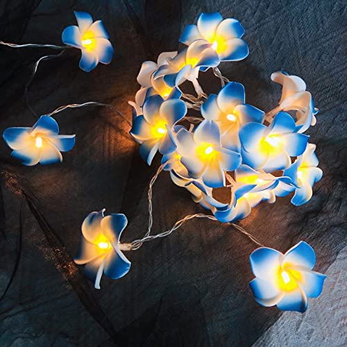 Künstliche Plumeria Blume LED-Lichterkette Hawaiianischer Schaum Frangipani Batteriebetriebene Feen-Nachtlichter für die Weihnachtsfeier Home Wedding Beach Decor (Batterien, Blau) von Riaxuebiy
