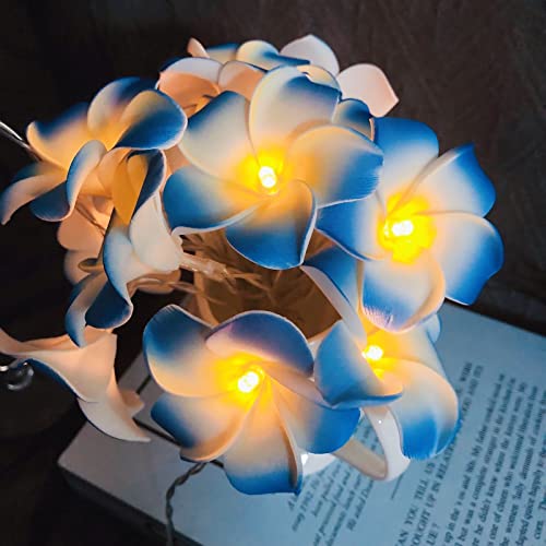 Künstliche Plumeria Blume LED-Lichterkette Hawaiianischer Schaum Frangipani Batteriebetriebene Feen-Nachtlichter für die Weihnachtsfeier Home Wedding Beach Decor (USB, Blau) von Riaxuebiy