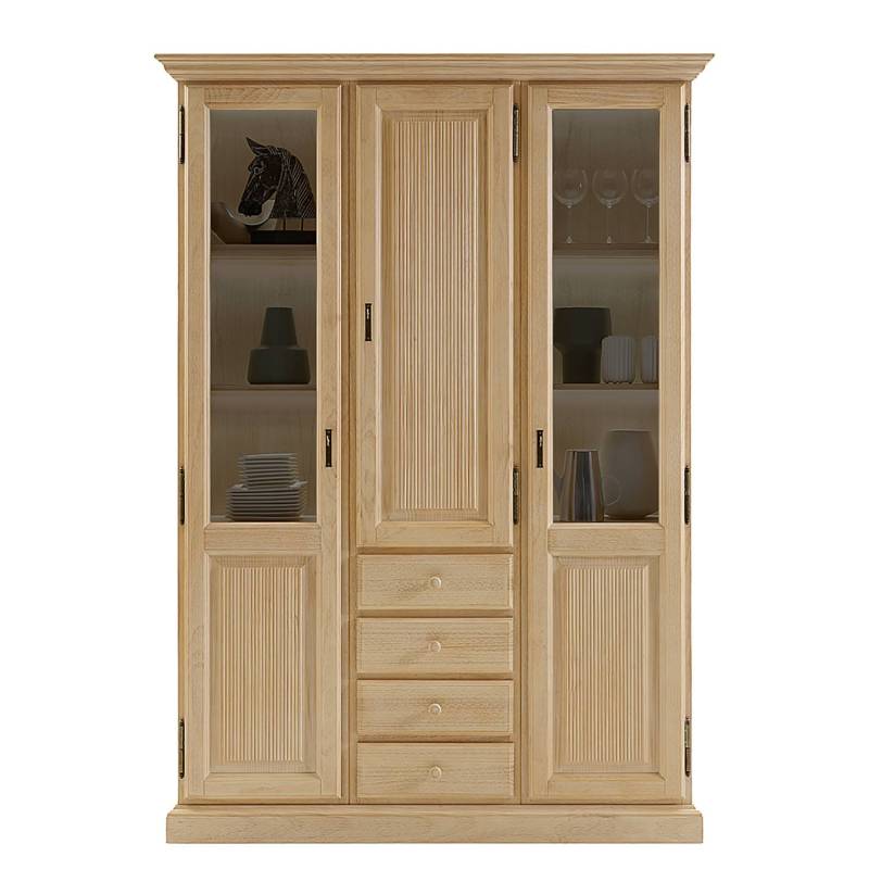 Ridgevalley Vitrinenschrank Breddin II Landhaus Natur Massivholz Pinie 153x217x42 cm (BxHxT) 3-türig 1 Schublade von Ridgevalley