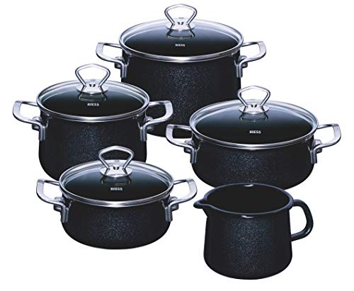 Riess, 0584-009, Familien-Set 5-teilig, Nouvelle - Black Magic EXTRA STARK, bestehend aus: Fleischtopf mit Glasdeckel 16und 20 cm, Kasserolle mit Glasdeckel 16 und 20 cm und Schnabeltopf 12 cm von Riess