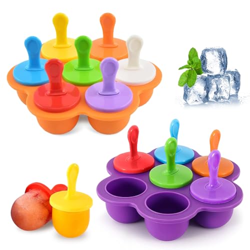 Riisoyu 2 Stück Eisförmchen Popsicle Formen, Silikon Mini Eisformen BPA frei Eisformen Eis am Stiel Silikon Mulden Eisform mit Kunststoffstäbchen mit 14 Kunststoffstäbchen, Orange&Lila von Riisoyu