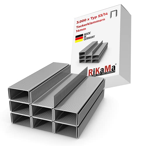 RIKAMA 3000 Stück Tackerklammern - Typ 53 | Länge: 14 mm Breite: 11,3 mm | verzinkt | Maße 14/11,3 | Tacker-Klammern | Heftklammern von RiKaMa ONLINEVERSAND AUS EINER HAND