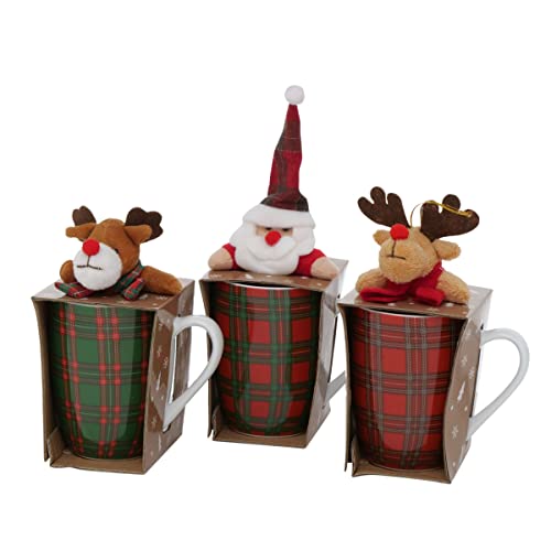 6tlg Geschenkset mit 3 Stk Tassen Tartan + 3 Stk Plüschtier Santa Elch Geschenkset Weihnachten Kaffeebecher Kaffeetassen KARIERT KARO Schottland grün rot Vichy von RiloStore