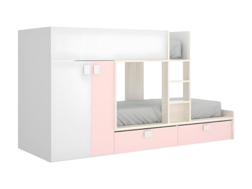 Rimobel Etagenbett mit Kleiderschrank - 2X 90 x 190 cm - Weiß, Naturfarben & Rosa - JUANITO von Vente-unique