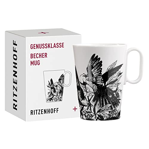 RITZENHOFF 3731001 Kaffee-Tasse 330 ml – Serie Genussklasse Nr. 1 Becher aus Porzellan mit Vogelmotiv Designerstück, Schwarz, Weiß von RITZENHOFF