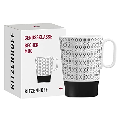 RITZENHOFF 3731006 Kaffee-Tasse 330 ml – Serie Genussklasse Nr. 6 – Porzellan-Becher mit Plusmotiv – Designerstück, Schwarz, Weiß von RITZENHOFF