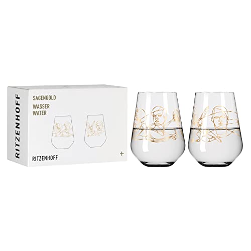 RITZENHOFF 3421001 Wasserglas 500 ml – Serie Sagengold Nr. 1 – 2er Set, Mythologiemotiv, Echt-Gold – Made in Germany von RITZENHOFF