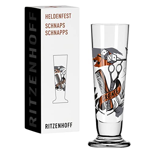 RITZENHOFF 1061009 Schnaps-Glas 40 ml – Serie Heldenfest, Motiv Nr. 9 – Barber – rund und mehrfarbig – Made in Germany von RITZENHOFF