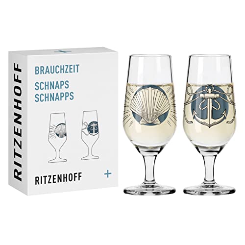 RITZENHOFF 3871001 Schnaps-Glas 40 ml 2er Set – Serie Brauchzeit Nr. 1 + 2 – Tierwesen – rund, Blau und Grau – Made in Germany von RITZENHOFF