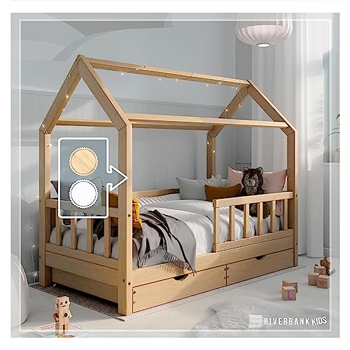 RIVERBANK Kinderbett 80x160 mit Rausfallschutz - Kinder Hausbett aus Kiefer Holz mit Schubladen & Rollrost | Stabiles Haus Bett für Mädchen & Jungen | 80 x 160 cm Jugendbett Massivholz Natur Hell von RIVERBANK