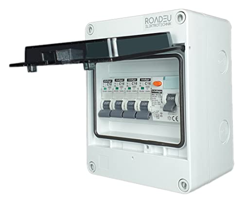 RoadEu - Leitungsschutzschalter - Komplett mit Fi Schutzschalter 40A 2P - 16A Sicherungsautomat und 10A C 3+1 in einem Aufputz Verteilerkasten - Sicherungskasten IP65 Verteilerkasten Außen Wasserdicht von RoadEu