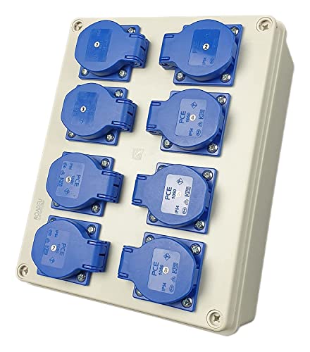 RoadEu Stromverteiler 16A - Wandverteiler 8x 230V 16A Schuko Steckdosen - Baustromverteiler 16A - Wandsteckdose für den Innen- und Außenbereich - Stromverteiler Aussen Wasserdicht IP54 von RoadEu