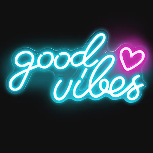 Good Vibes Leuchtreklame, 17 x 11 Zoll Good Vibes Buchstaben Blaue LED Neonlicht, USB-betriebene Wandleuchte, für Schlafzimmer, Wanddekoration, Spielzimmer, Party, Bardekoration von Roadtime