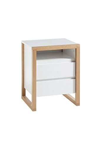 Robas Lund Nachtkonsole weiß matt mit Massivholzelementen, Nachtkommode mit Schubladen für Polsterbett Nako Boxspringbett Nachtschrank, BxHxT 48x60x40 cm von Robas Lund