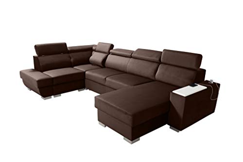 Robin Cezar Ecksofa Schlaffunktion Bettkasten Verstellbare Kopfstützen Sofa L-Form Schlafsofa Freistehende Eckcouch Schlafcouch Wohnzimmermöbel inkl. Laptoptisch Steckdose Braun von Robin Inspire