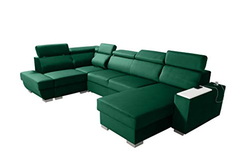 Robin Cezar Ecksofa Schlaffunktion Bettkasten Verstellbare Kopfstützen Sofa L-Form Schlafsofa Freistehende Eckcouch Schlafcouch Wohnzimmermöbel inkl. Laptoptisch Steckdose Grün von Robin Inspire