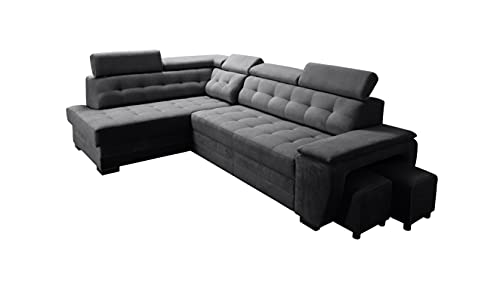 Robin Grand Ecksofa mit Schlaffunktion Bettkasten Kopfstützen Relaxfunktion 2 Hocker Sofa L-Form Schlafsofa Freistehende Eckcouch Schlafcouch Wohnzimmermöbel Wohnlandschaft Links Schwarz von Robin