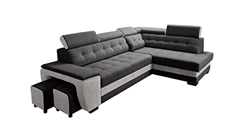 Robin Grand Ecksofa mit Schlaffunktion Bettkasten Kopfstützen Relaxfunktion 2 Hocker Sofa L-Form Schlafsofa Freistehende Eckcouch Schlafcouch Wohnzimmermöbel Wohnlandschaft Rechts Silber von Robin