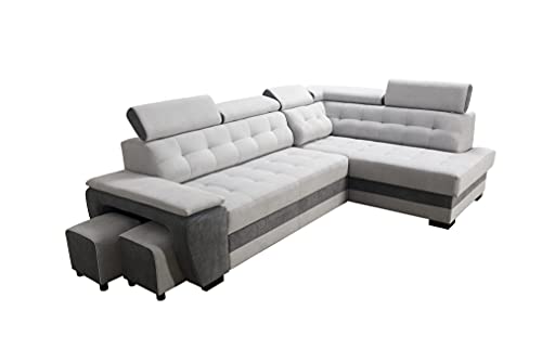 Robin Grand Ecksofa mit Schlaffunktion Bettkasten Kopfstützen Relaxfunktion 2 Hocker Sofa L-Form Schlafsofa Freistehende Eckcouch Schlafcouch Wohnzimmermöbel Wohnlandschaft Rechts Silver Anthracite von Robin