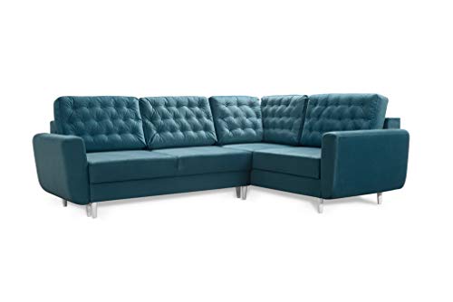 Robin Linda Ecksofa mit Schlaffunktion 2X Bettkasten Kissen Sofa L-Form Schlafsofa Freistehende Eckcouch Schlafcouch Wohnzimmermöbel Wohnlandschaft Rechts Azur von Robin