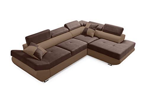 Robin Saturn Ecksofa mit Schlaffunktion Bettkasten 5 Verstellbare Kopfstützen 2 Kissen Sofa L-Form Schlafsofa Freistehende Eckcouch Schlafcouch Wohnzimmermöbel Wohnlandschaft Rechts Schokolade Nougat von Robin